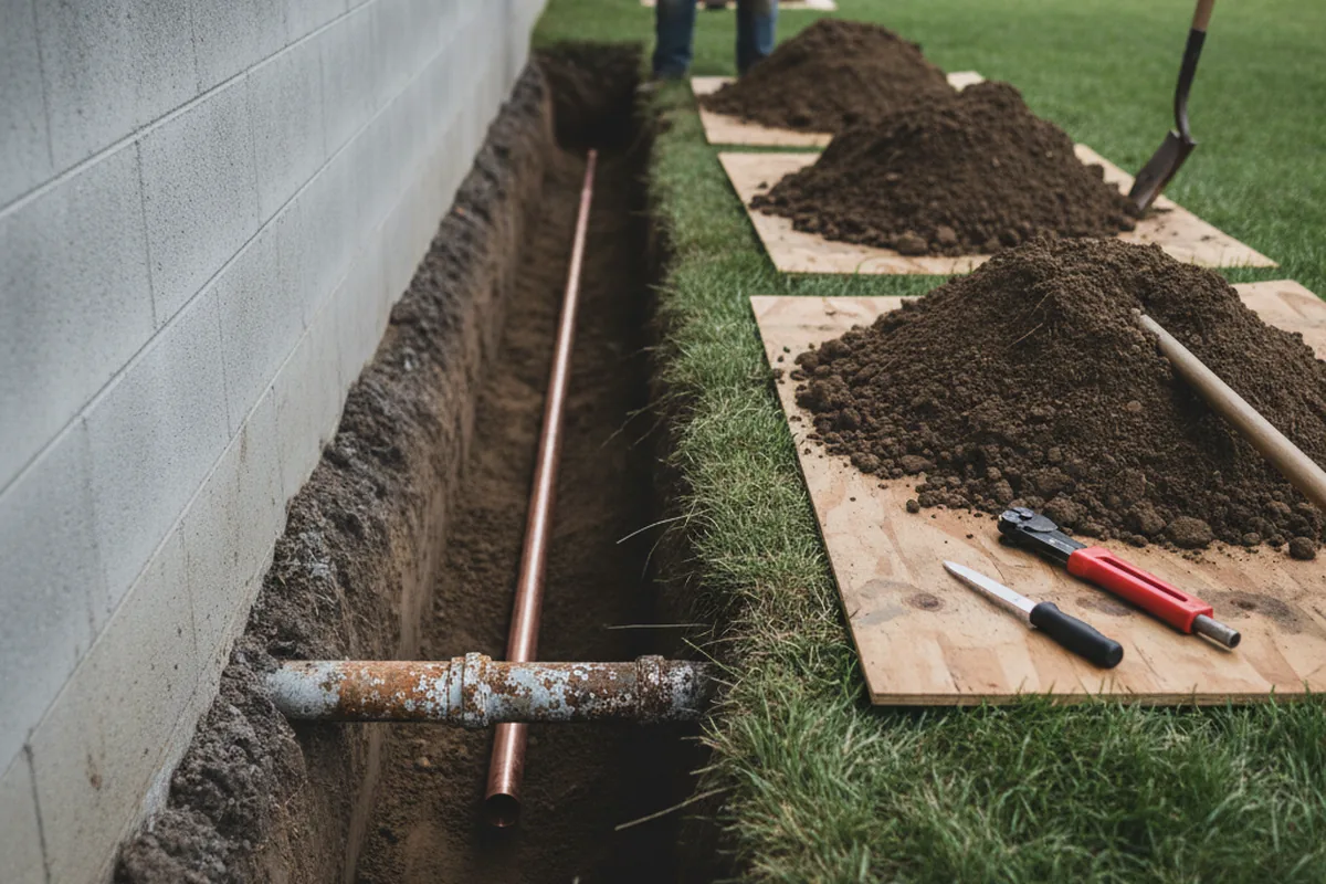 Excavated water line trench during Sewer Line Repair in Risingsun